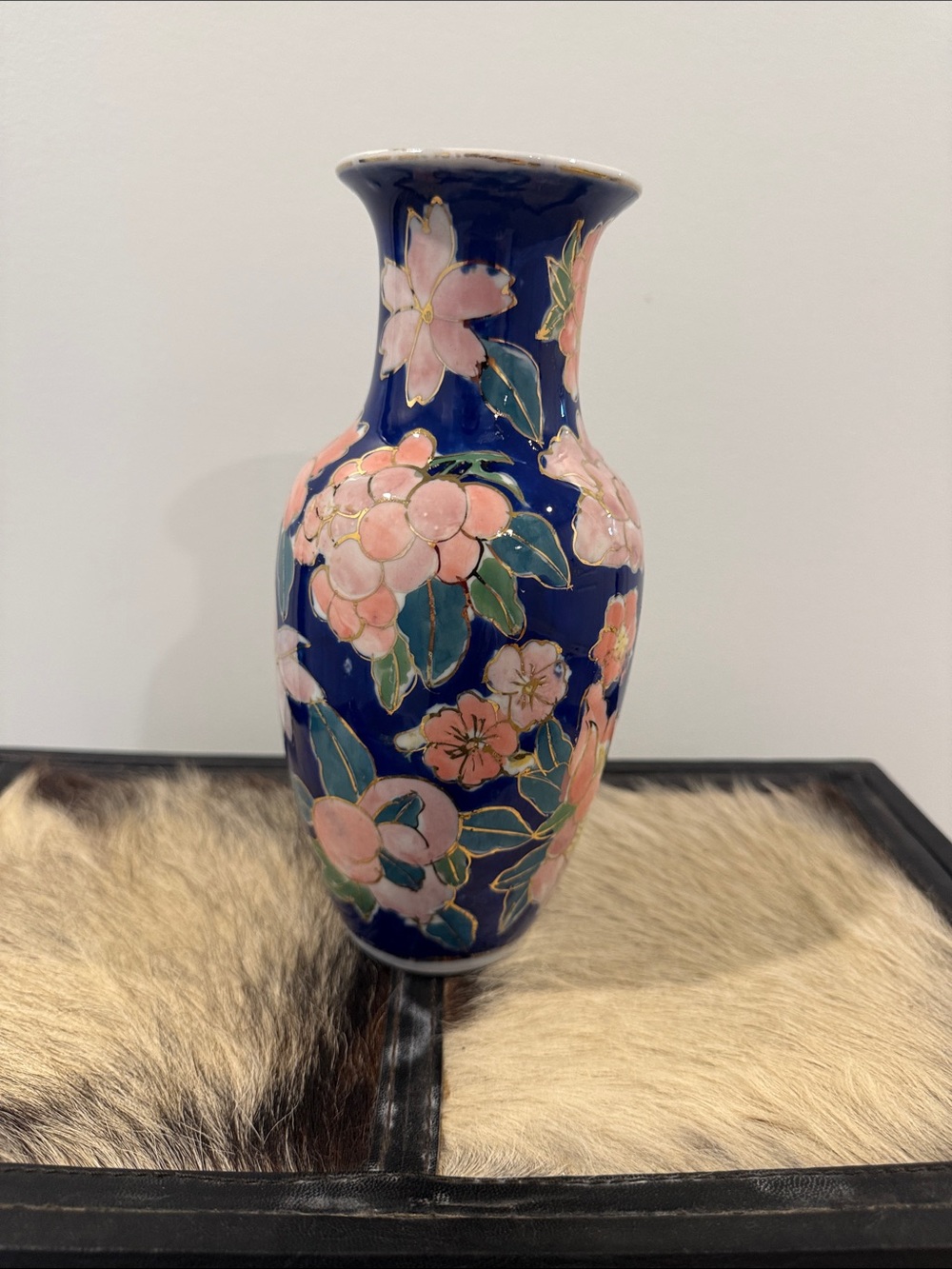Vintage Blue Floral Porcelain Vase with Pink Blossoms